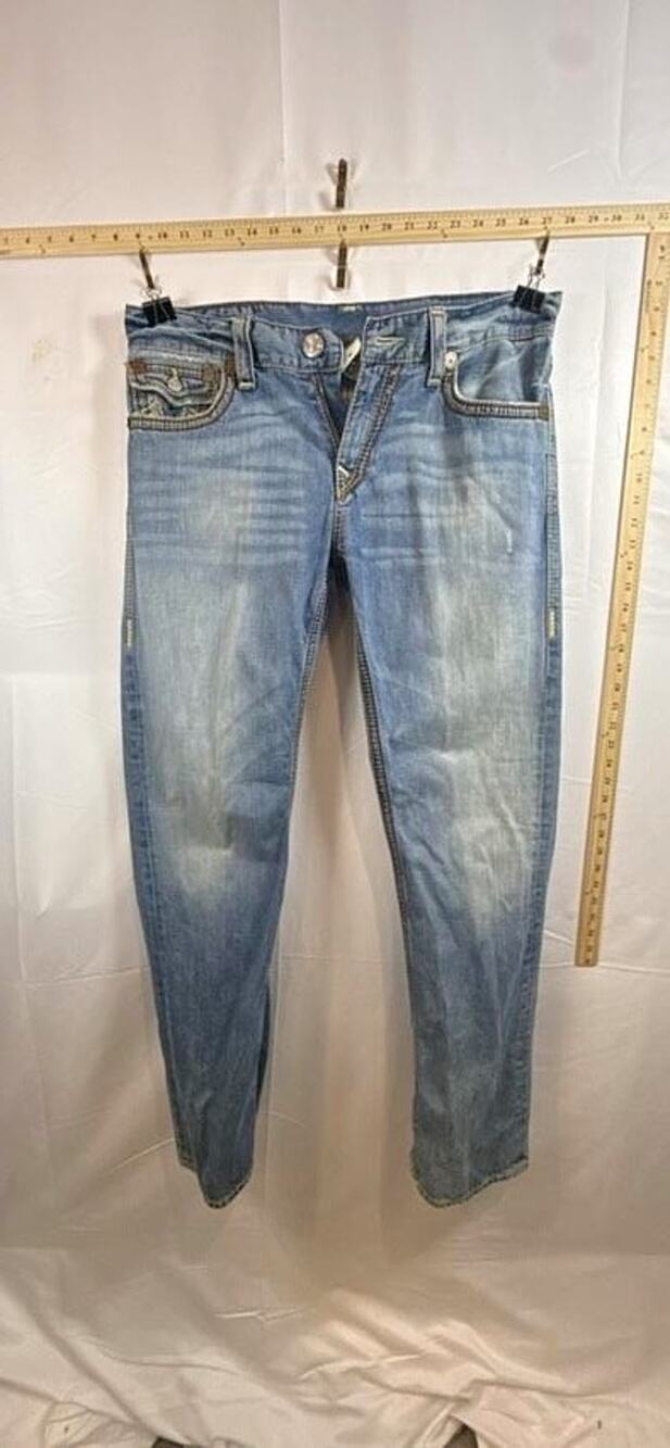Vtg True Religion Ricky Big QT Jeans Mens 34 Made in USA Chunky Stitch Blue